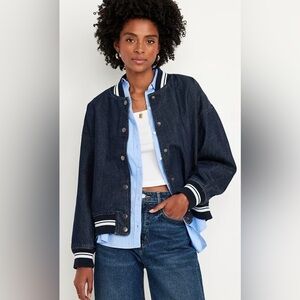 Old Navy Dark Wash Denim Letterman Back To School Bomber Jean Jacket Coat New